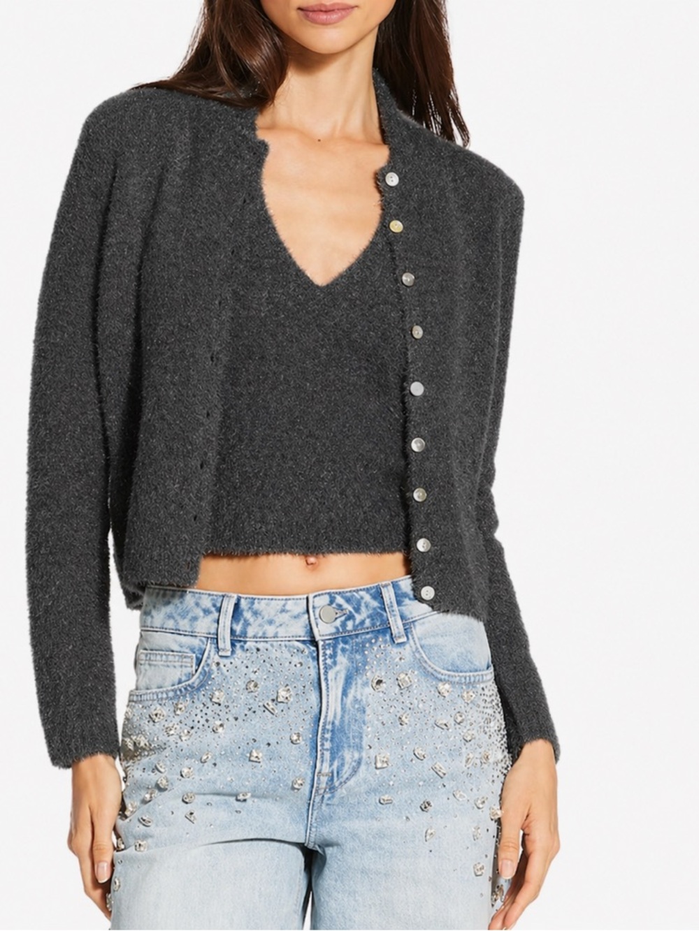 Gianni Bini Black Fuzzy Knit V-Neck Sweater NWT